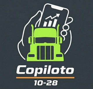 Logotipo de Copiloto 10-28: tractocamión verde frente a un celular